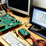 A cluttered electronics workbench**

A brightly lit workbench overflowing with electronic components: resistors, capacitors, PCBs, a Fluke multimeter, and a partially disassembled breadboard circuit. Wires snake across the surface. In the background, a computer monitor displays the LTspice interface with a complex circuit schematic. The overall impression is one of active troubleshooting and hands-on experimentation. Focus on realistic details and subtle signs of wear and tear on the equipment.

**