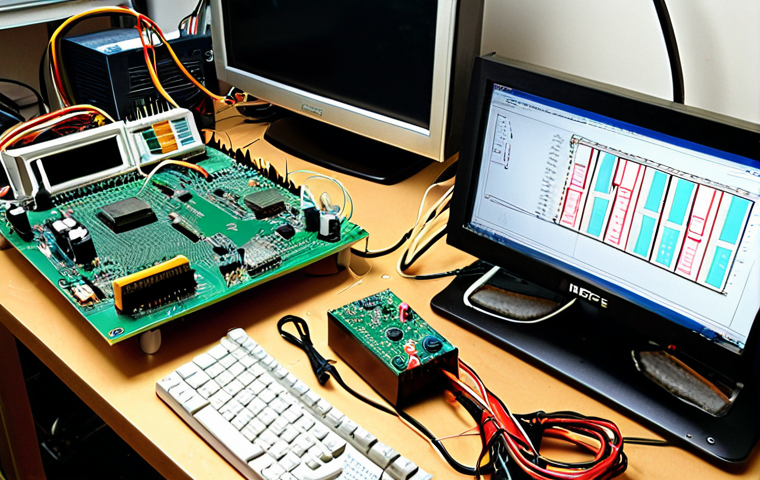 A cluttered electronics workbench**
A brightly lit workbench overflowing with electronic components: resistors, capacitors, PCBs, a Fluke multimeter, and a partially disassembled breadboard circuit. Wires snake across the surface. In the background, a computer monitor displays the LTspice interface with a complex circuit schematic. The overall impression is one of active troubleshooting and hands-on experimentation. Focus on realistic details and subtle signs of wear and tear on the equipment.
**