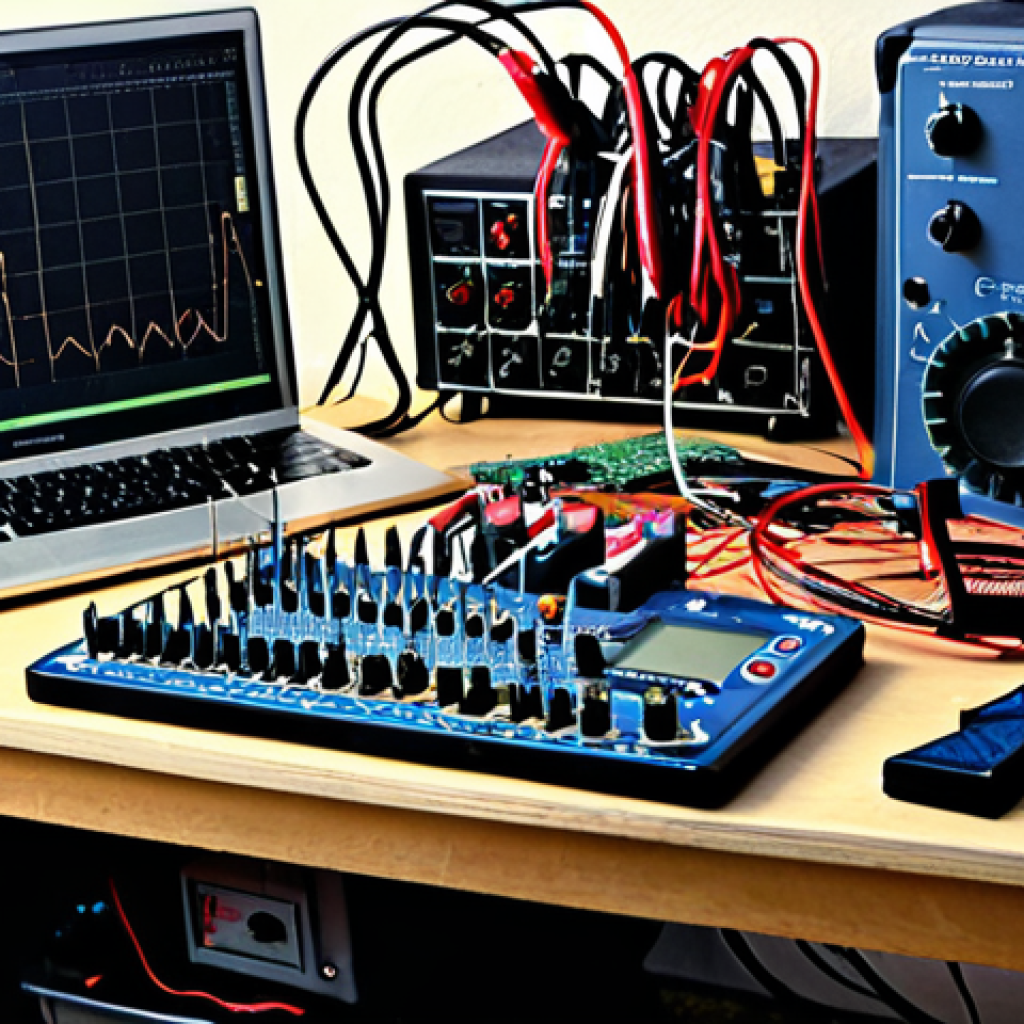 **Prompt:** A cluttered electronics workbench, filled with tools like a multimeter, oscilloscope, soldering iron, and various circuit boards. Wires are strewn about, and a half-finished project sits in the center. Lighting is bright, showcasing the details of the components. Style: Photorealistic, high detail. This image captures the hands-on, practical nature of electronics work.