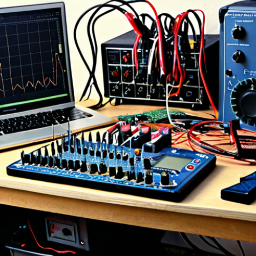 Home 6 **Prompt:** A cluttered electronics workbench, filled with tools like a multimeter, oscilloscope, soldering iron, and various circuit boards. Wires are strewn about, and a half-finished project sits in the center. Lighting is bright, showcasing the details of the components. Style: Photorealistic, high detail. This image captures the hands-on, practical nature of electronics work.