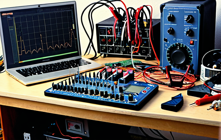 **Prompt:** A cluttered electronics workbench, filled with tools like a multimeter, oscilloscope, soldering iron, and various circuit boards. Wires are strewn about, and a half-finished project sits in the center. Lighting is bright, showcasing the details of the components. Style: Photorealistic, high detail. This image captures the hands-on, practical nature of electronics work.