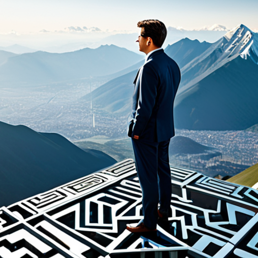 A confident professional engineer, fully clothed in a sharp business suit, stands poised at the summit of a metaphorical, abstract mountain peak, overlooking a vast, stylized landscape of interconnected electronic circuits and data flows. The scene embodies success, strategic achievement, and mastery in electronics engineering. Professional photography, high detail, perfect anatomy, correct proportions, well-formed hands, natural body proportions, safe for work, appropriate content, modest clothing, family-friendly.