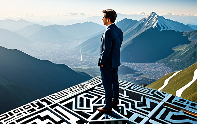 A confident professional engineer, fully clothed in a sharp business suit, stands poised at the summit of a metaphorical, abstract mountain peak, overlooking a vast, stylized landscape of interconnected electronic circuits and data flows. The scene embodies success, strategic achievement, and mastery in electronics engineering. Professional photography, high detail, perfect anatomy, correct proportions, well-formed hands, natural body proportions, safe for work, appropriate content, modest clothing, family-friendly.