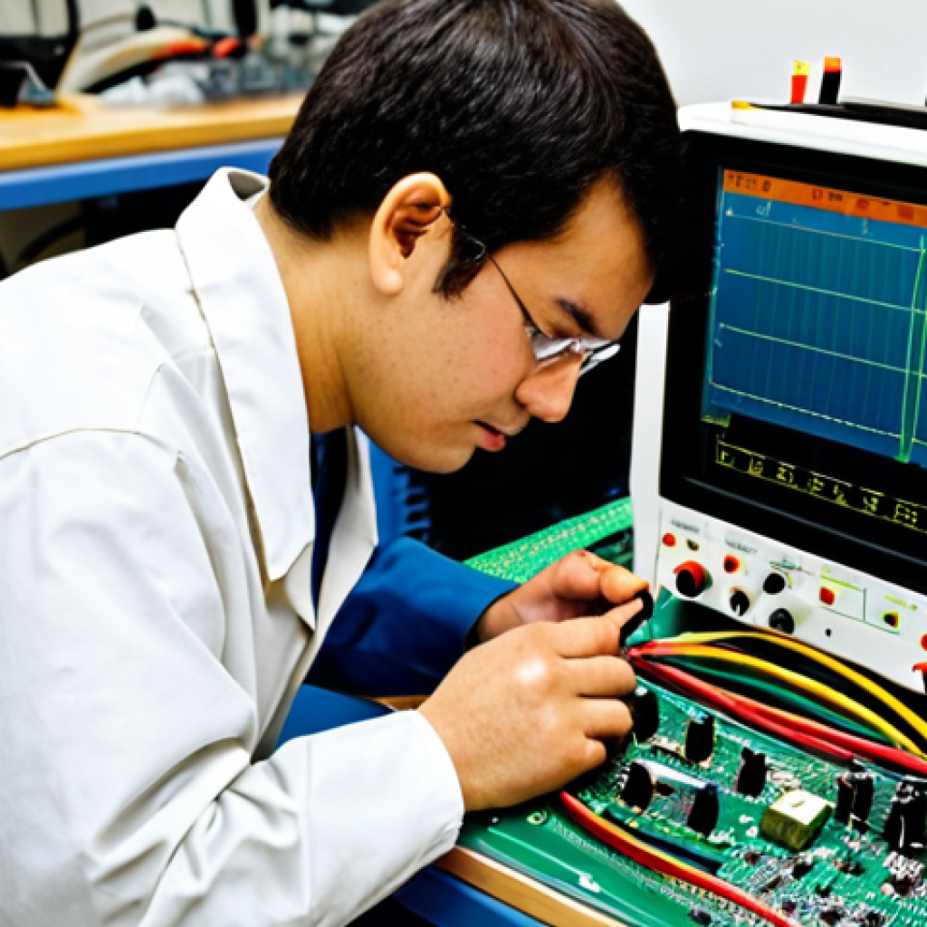 Electronics Technician Using a Multimeter**

"A professional electronics technician, fully clothed in appropriate work attire, using a digital multimeter to troubleshoot a circuit board in a well-lit electronics lab. Various electronic components and tools are visible on the workbench. Safe for work, appropriate content, professional, modest, perfect anatomy, correct proportions, well-formed hands, proper finger count, natural body proportions, high quality, focused, detailed."

**