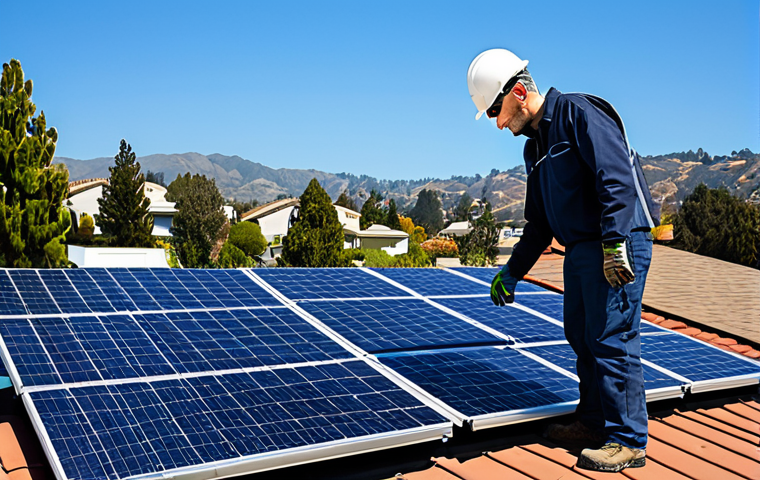 Renewable Energy Technician**

"A fully clothed renewable energy technician, wearing appropriate safety gear, inspecting solar panels on a rooftop, sunny day, modern residential neighborhood in California, safe for work, perfect anatomy, correct proportions, professional photography, high quality, family-friendly."

**