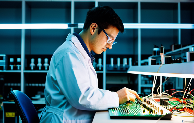 전자기술사 실무 과제 수행 방법 - **Prompt:** "A professional electronics technician, fully clothed in a lab coat, carefully soldering...