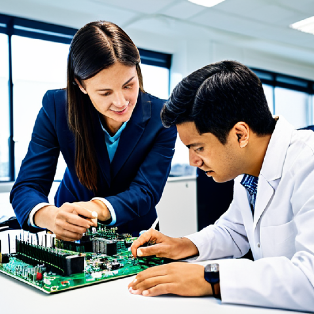 전자기술사와 산업별 기술 활용 경험 - **Prompt:** A diverse team of electronics engineers collaborating on a circuit board design in a mod...