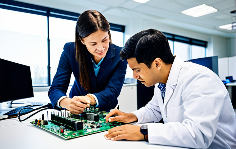 전자기술사와 산업별 기술 활용 경험 - **Prompt:** A diverse team of electronics engineers collaborating on a circuit board design in a mod...