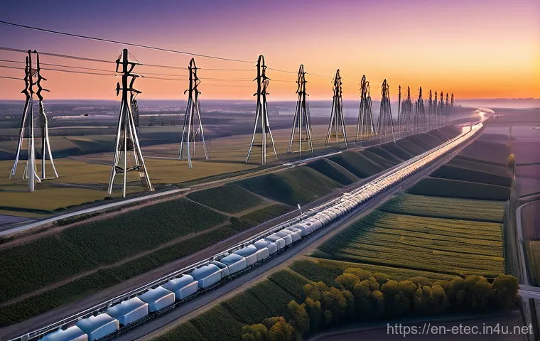 전자기술사와 관련된 전력 시스템 이론 - **Prompt:** "A panoramic aerial view at dawn, capturing the immense scale of the modern electricity ...