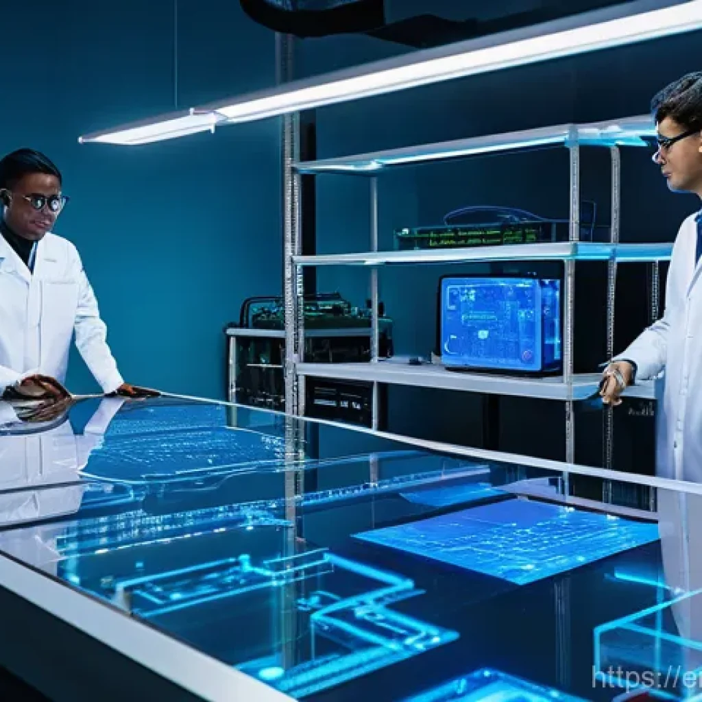 전자기술사와 전자장비 설계 및 운영 - **The Visionary Engineers' Lab:** A brightly lit, futuristic electronic engineering lab. In the fore...