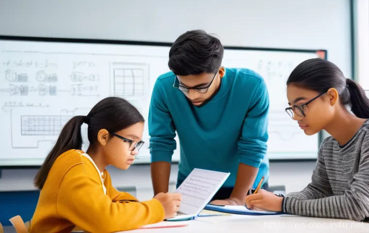 전자기술사 필기시험 대비 그룹 스터디 - **Prompt:** "A diverse group of 4-5 young adult students, late teens to early twenties, are intensel...