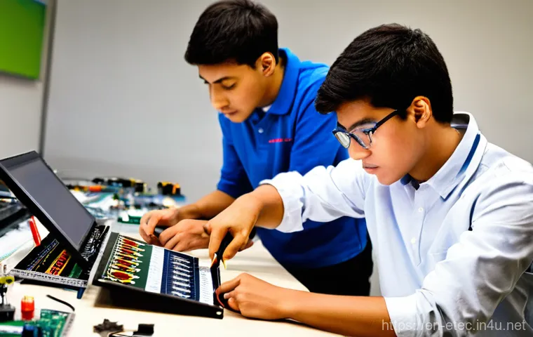 전자기술사 필기시험 대비 그룹 스터디 - **Prompt:** "A diverse group of 4-5 young adult students, late teens to early twenties, are intensel...