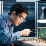 전자기술사와 시험 대비 스터디 자료 - **Prompt:** "A focused young adult electronic technician, late 20s, with a gender-neutral appearance...