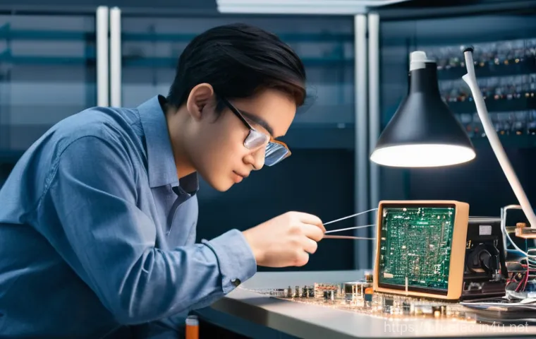 전자기술사와 시험 대비 스터디 자료 - **Prompt:** "A focused young adult electronic technician, late 20s, with a gender-neutral appearance...