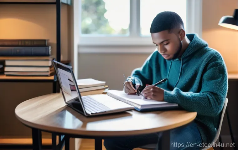 전자기술사와 시험 대비 스터디 자료 - **Prompt:** "A focused young adult electronic technician, late 20s, with a gender-neutral appearance...