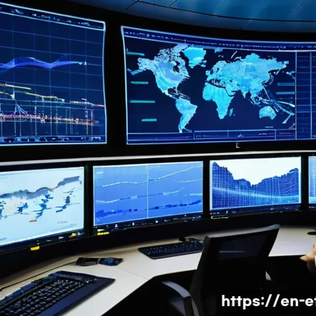 전자기술사 필기시험 전력공학 심화 학습 - **A futuristic power grid control center at dusk.** The central focus is a massive, curved display w...