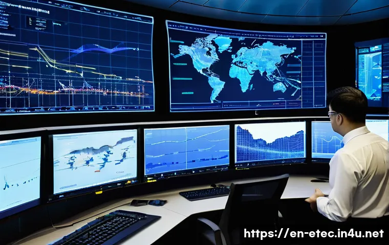 전자기술사 필기시험 전력공학 심화 학습 - **A futuristic power grid control center at dusk.** The central focus is a massive, curved display w...