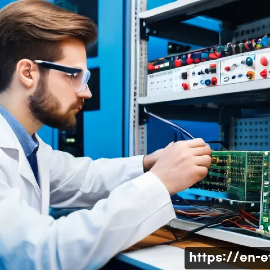 전자기술사와 직무 적응 경험 공유 - A focused young electrical engineer in a modern laboratory, wearing safety glasses and casual profes...