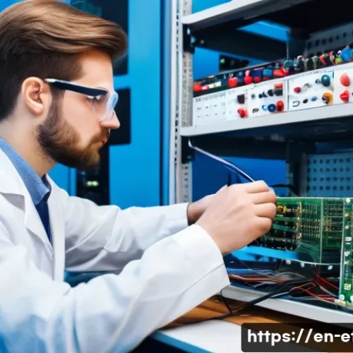 전자기술사와 직무 적응 경험 공유 - A focused young electrical engineer in a modern laboratory, wearing safety glasses and casual profes...