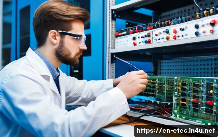 전자기술사와 직무 적응 경험 공유 - A focused young electrical engineer in a modern laboratory, wearing safety glasses and casual profes...