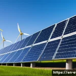 전자기술사와 최신 트렌드 기술 분석 - A futuristic hybrid renewable energy power station featuring large solar panel arrays and towering w...