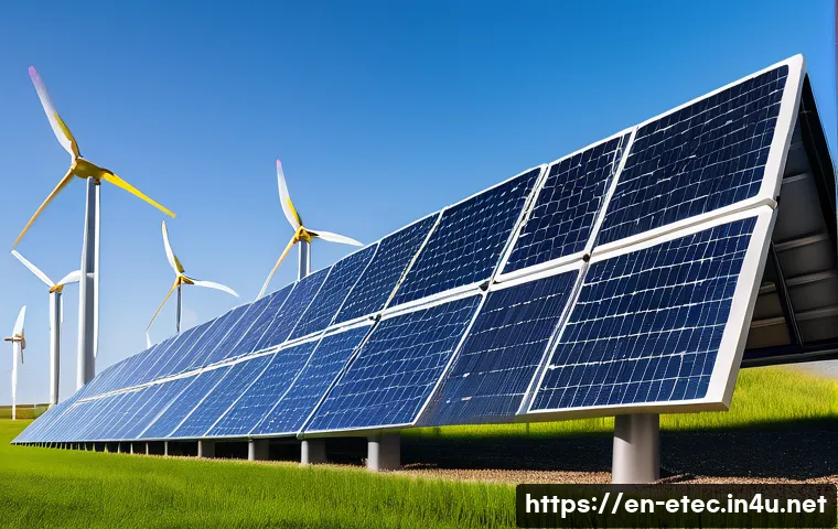 전자기술사와 최신 트렌드 기술 분석 - A futuristic hybrid renewable energy power station featuring large solar panel arrays and towering w...