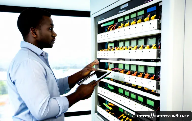 전자기술사와 전기 전자 융합 기술 사례 - Photorealistic electrical engineer in a clean modern power control room, carefully inspecting a smar...