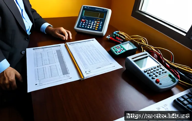 Home 17 전자기술사와 실기시험 연습 문제 활용 - Photorealistic professional electrical engineering exam preparation scene, middle-aged engineer in n...