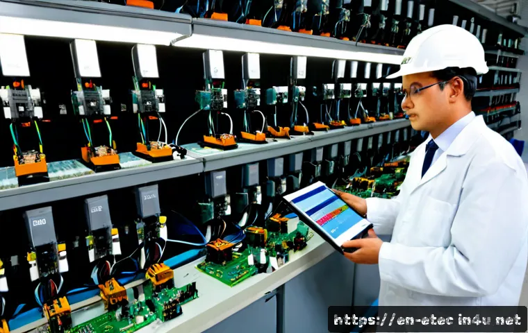 전자기술사와 관련된 산업별 시장 동향 - Photorealistic industrial electronics market scene, experienced electrical engineer in a clean advan...